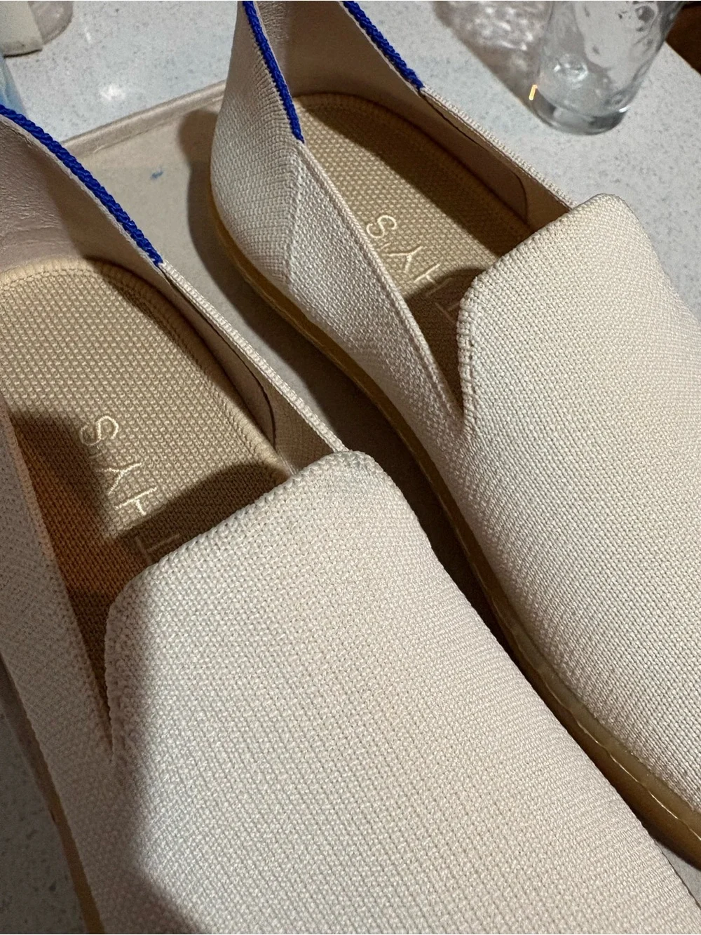 Rothy's Cream Espadrille Flats with Blue and Black Stripes